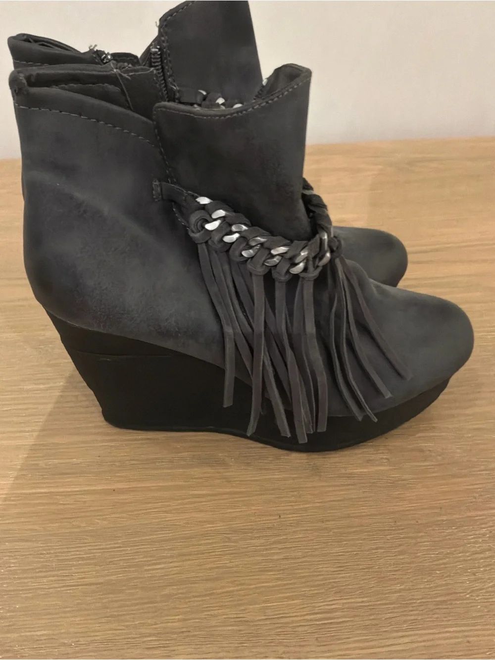 Wedge Fringe Ankle Boots - Gray